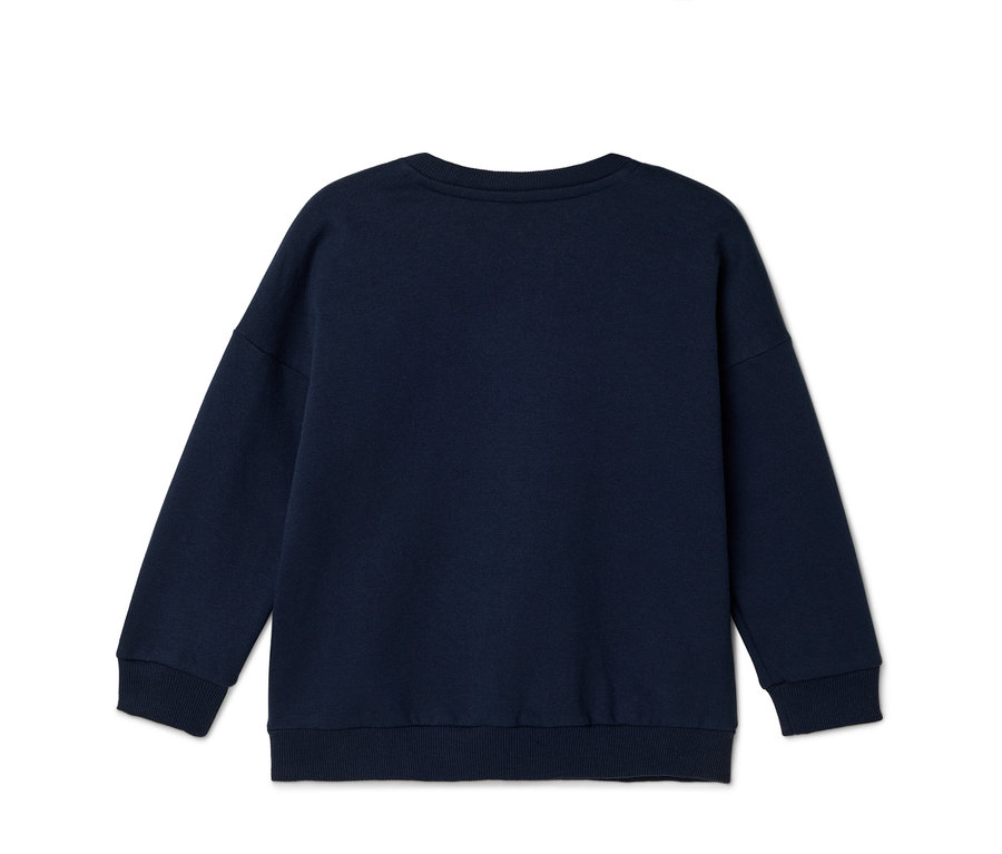 Dunkelblaues Sweatshirt mit langen Ärmeln und Rundhalsausschnitt, Rückansicht.