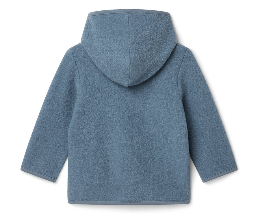 Blauer Kinder-Dufflecoat mit Kapuze, Rückansicht.