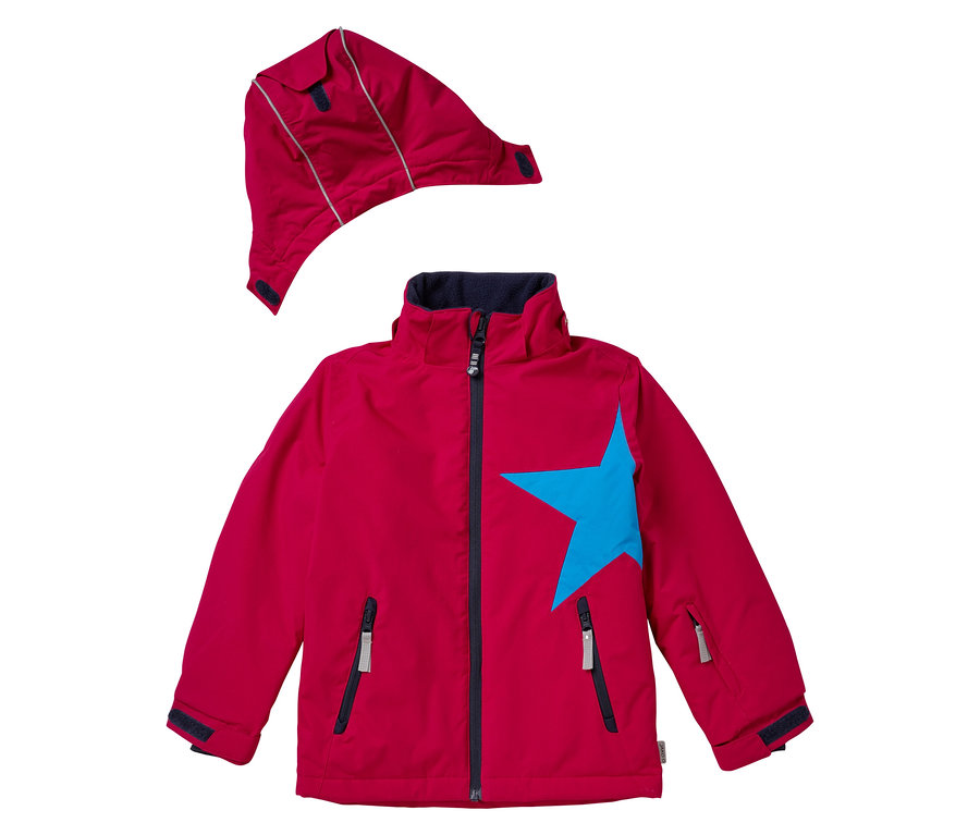 JAKO-O Schneejacke in Traube Farbe, mit blauem Stern auf der Vorderseite und abnehmbarer Kapuze.