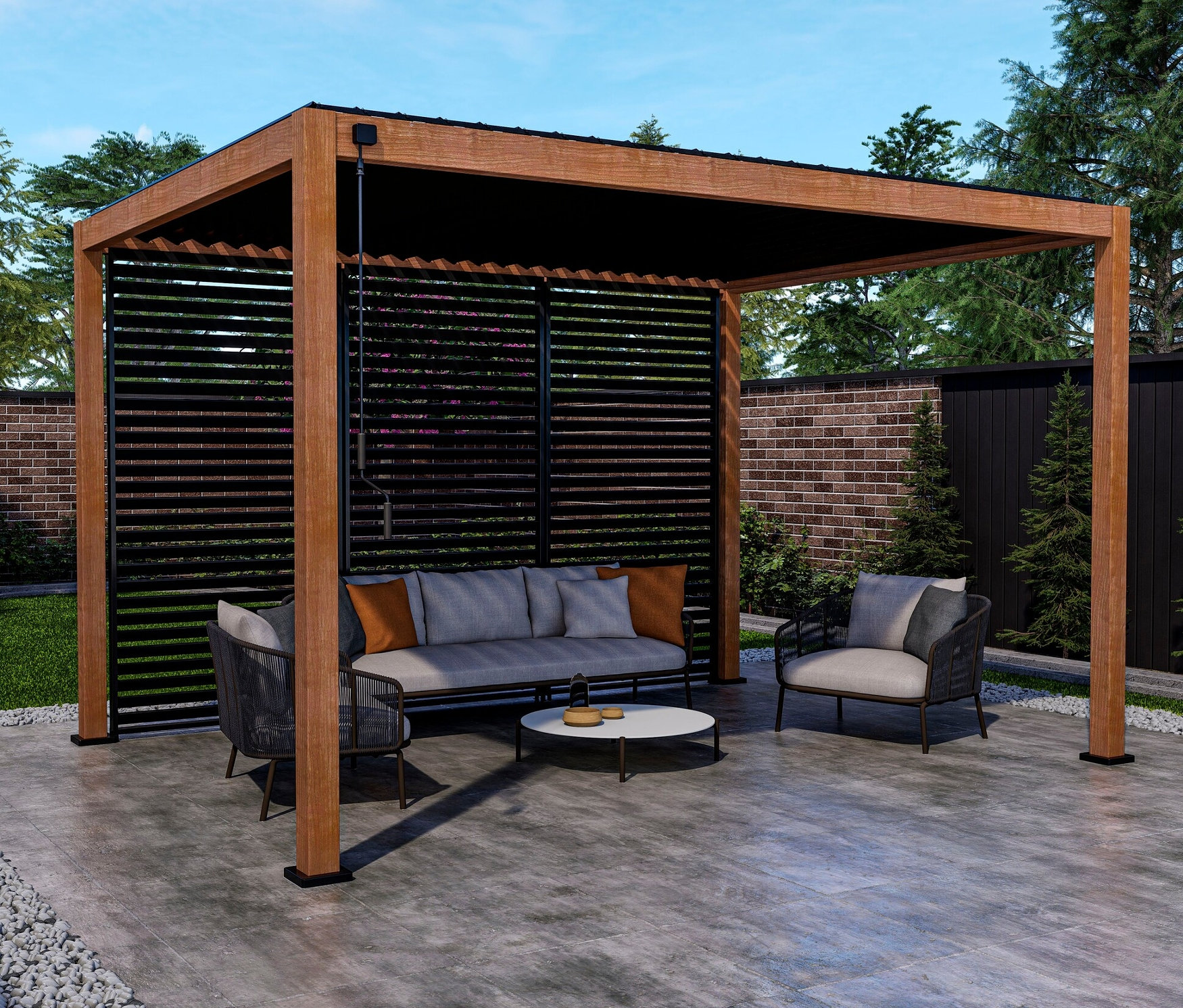 Auf einer Terrasse steht eine Leco Premium Pergola, 3 x 4 m, inkl. 2 Seitenwänden, Holzdekor.