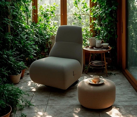 Innenraum mit Domo Collection Drehsessel mit Sunbrella®-Stoff, Flanelle und Hocker mit Tasse.