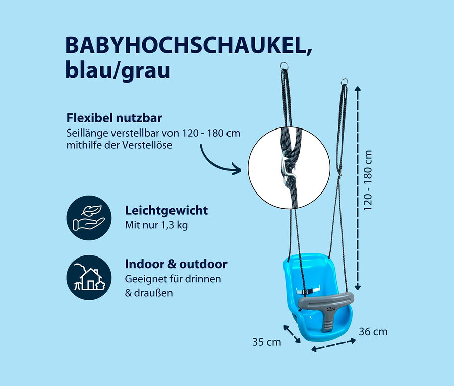 Blaue und graue HUDORA Baby-Hochschaukel mit verstellbarer Seillänge.