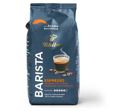 Eine Packung Tchibo Barista Espresso Kaffee. Auf der Packung befindet sich eine Tasse Espresso und der Text "ESPRESSO".
