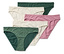 Ein Set aus fünf Damenslips in verschiedenen Farben und Mustern. Einer ist grün mit Blättermuster, einer dunkelgrün, einer rosa und zwei sind cremefarben.