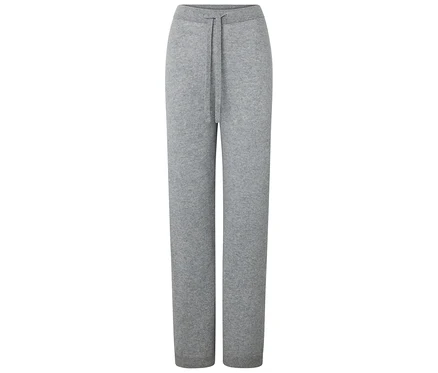 Graue Strickhose mit Kordelzug in der Taille.