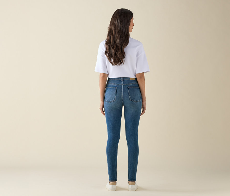 Rückansicht einer Frau mit langen braunen Haaren, die ein weißes T-Shirt und blaue Jeans trägt.