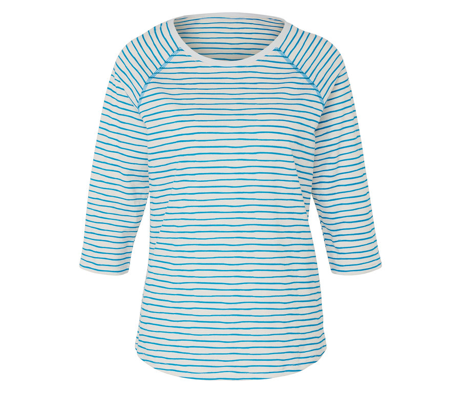 Gestreiftes, cremefarbenes Oberteil mit drei Viertel langen Ärmeln und blaugrünen Streifen.