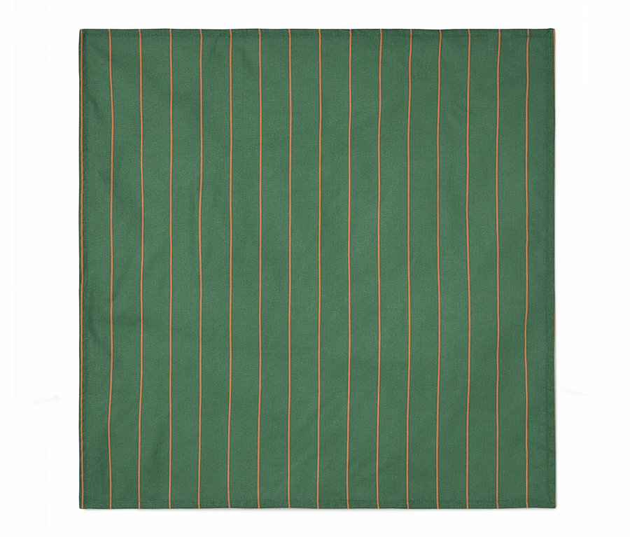 Abwischbare Tischdecke, ca. 90 x 90 cm, mit grünen und orangefarbenen Streifen.