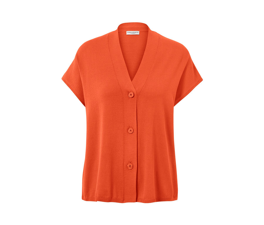 Orangefarbener, kurzärmliger Cardigan mit drei Knöpfen.