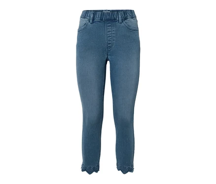 Blaue 7/8-Treggings mit Lochstickerei.