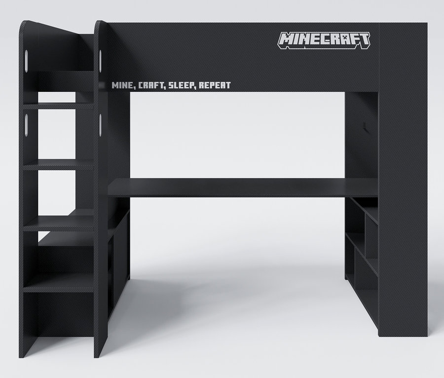 Schwarzes roba Minecraft Gaming-Bett mit Schreibtisch und Regalen.