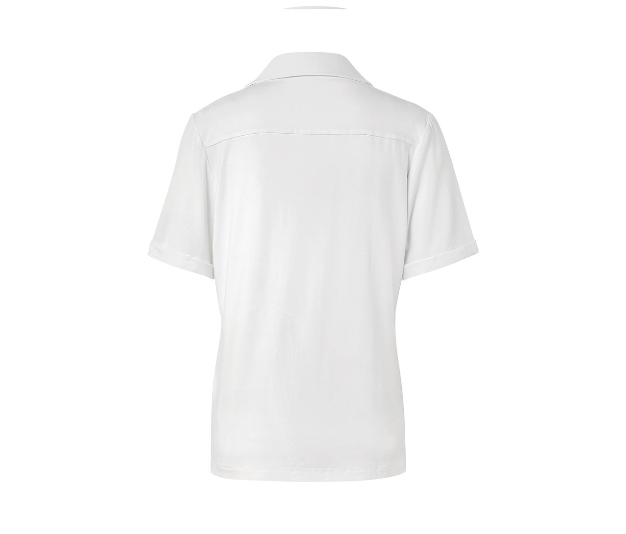 Rückansicht eines weißen Blusenshirts mit Knopfleiste.
