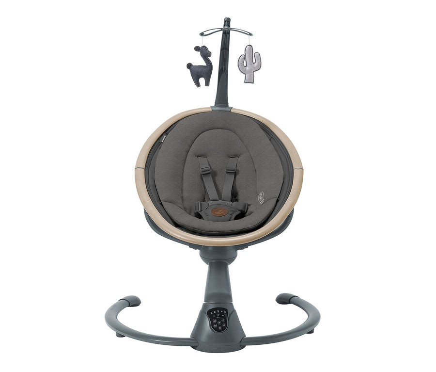 Nahaufnahme der grauen Maxi-Cosi Elektrische Schaukel »Cassia« mit Lama- und Kaktusspielzeug, das über dem Sitz hängt.