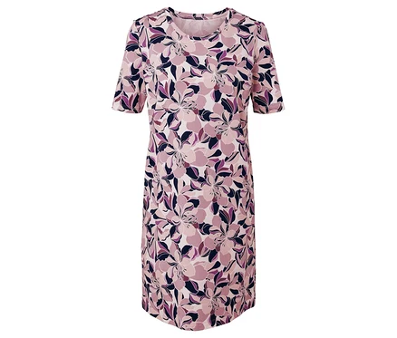 Rosa Kleid mit kurzen Ärmeln und Blumenmuster.