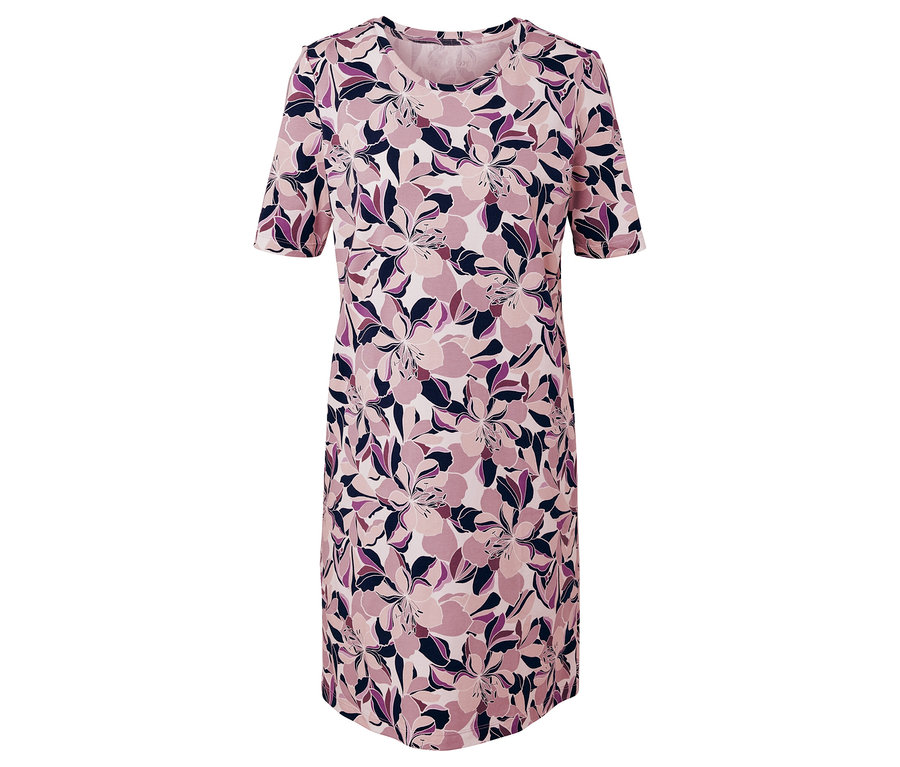 Rosa Kleid mit kurzen Ärmeln und Blumenmuster.