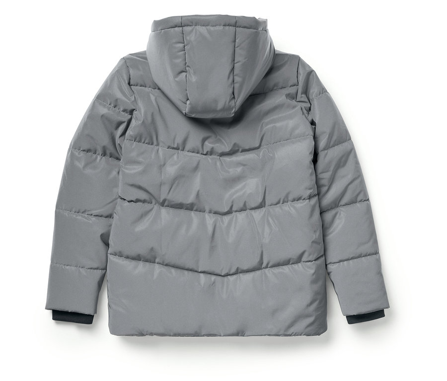 Graue, gesteppte Kinderjacke mit Kapuze von hinten.