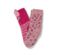 Zwei Paar Socken: ein Paar rosa mit Blumenmuster und Streifen, das andere hellrosa mit braunen Punkten.