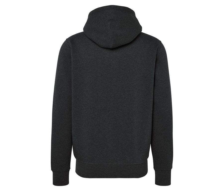 Rückansicht eines dunkelgrauen Kapuzenpullovers.