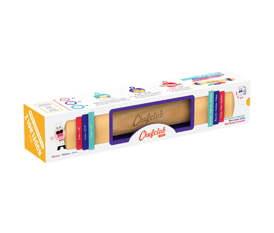 Verpackung des Chefclub Dessert und Keks-Back-Sets mit Nudelholz und auswechselbaren Ringen zur Einstellung der Teigstärke.