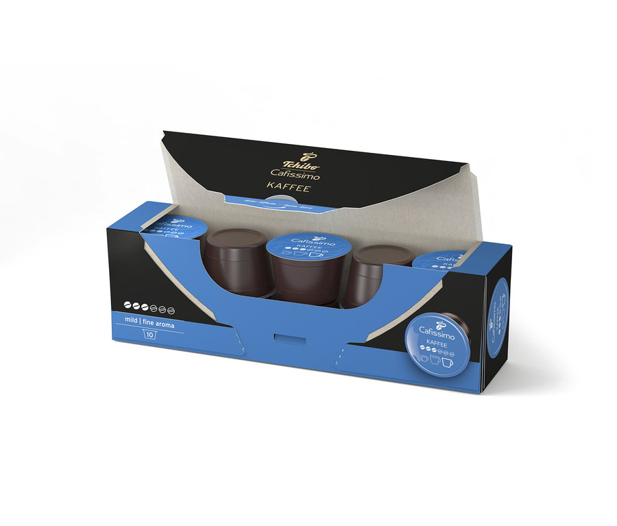 Geöffnete Packung mit zehn Cafissimo Kaffee mild Kapseln.