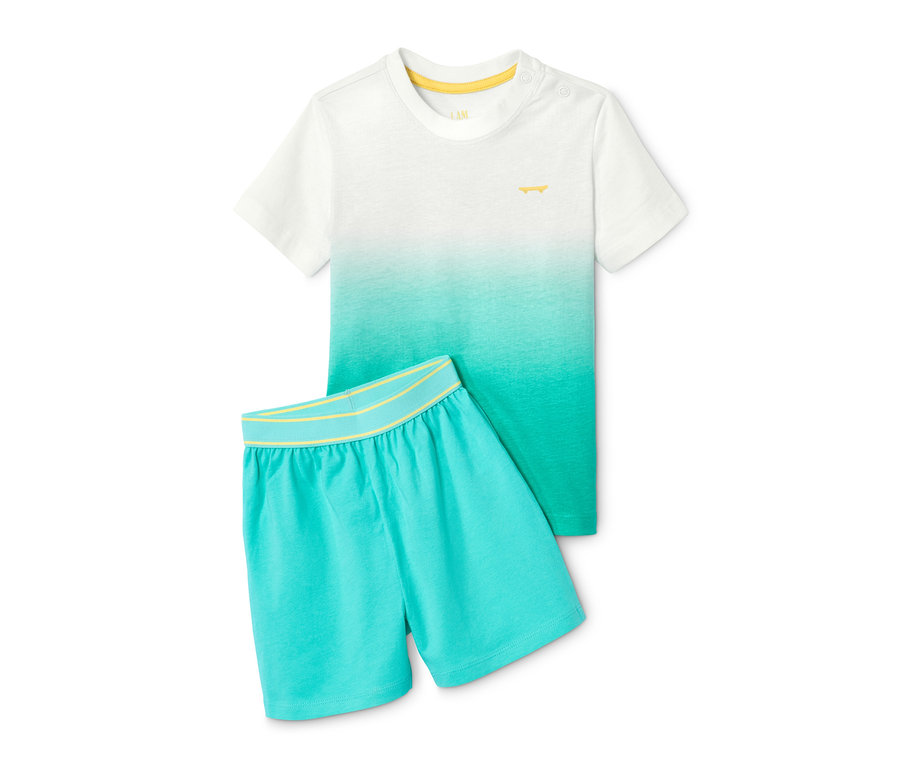Shorty-Pyjama aus Bio-Baumwolle mit Kurzarm-T-Shirt mit Farbverlauf von Weiß zu Türkis und türkisfarbener Short.