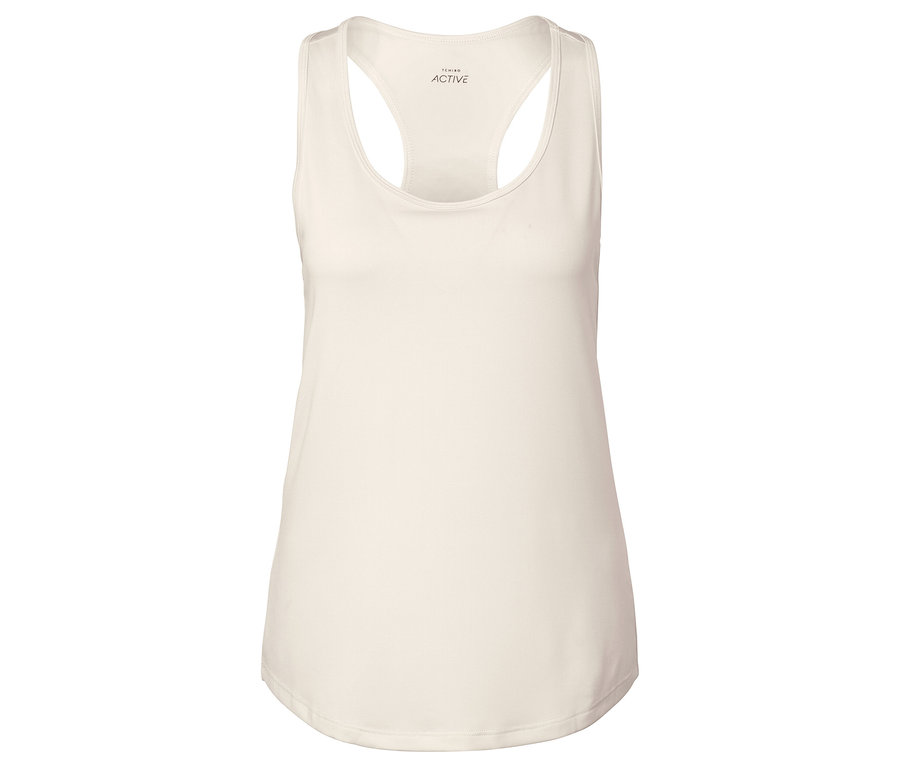 Ein cremefarbenes, ärmelloses Sporttop mit Ringerrücken.