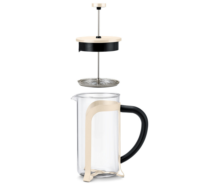 Eine Siebstempelkanne (800 ml, 6 Tassen) in freundlichem Beige ist zerlegt.