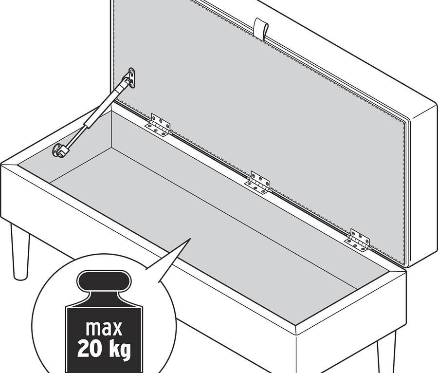 Illustration einer offenen Polsterbank mit Stauraum.