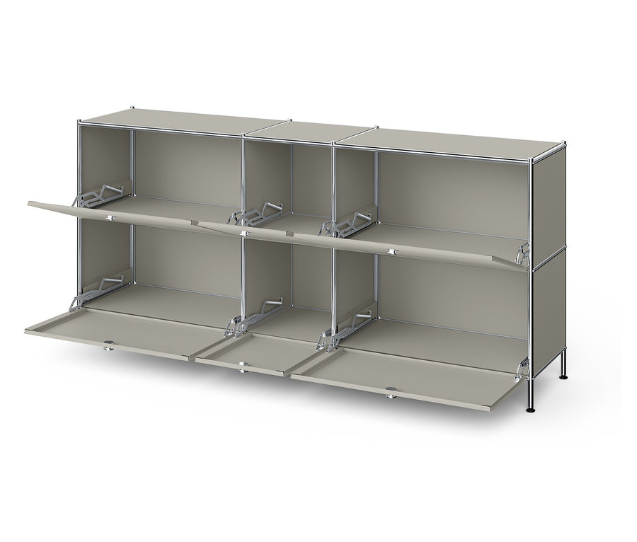Grauer modularer Schrank mit sechs Fächern, einige davon offen.