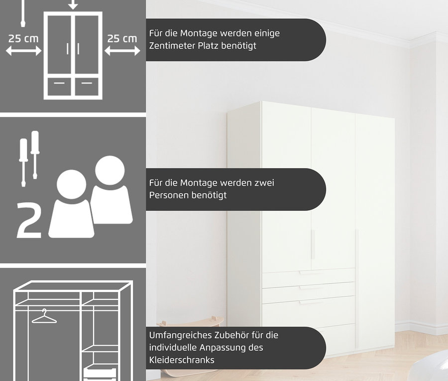 Diagramme und ein weißer Schrank mit Montageinformationen.