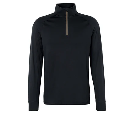 Schwarzes Langarmshirt mit Reißverschluss am Kragen.
