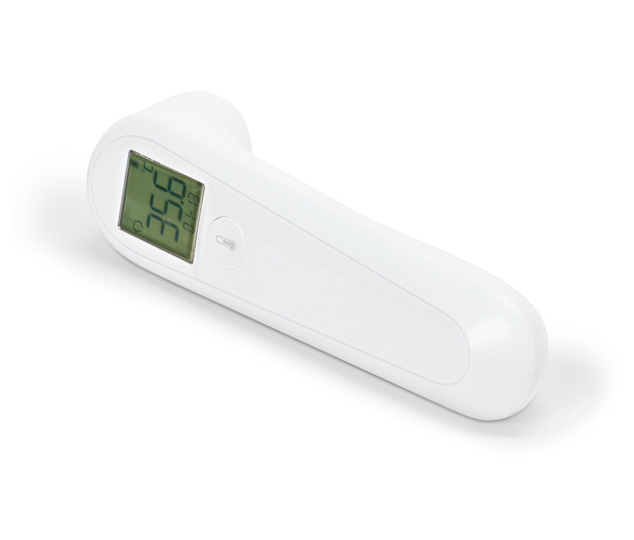 Ein weißes, kontaktloses Stirnthermometer zeigt eine Temperatur von 35,6 Grad Celsius an.