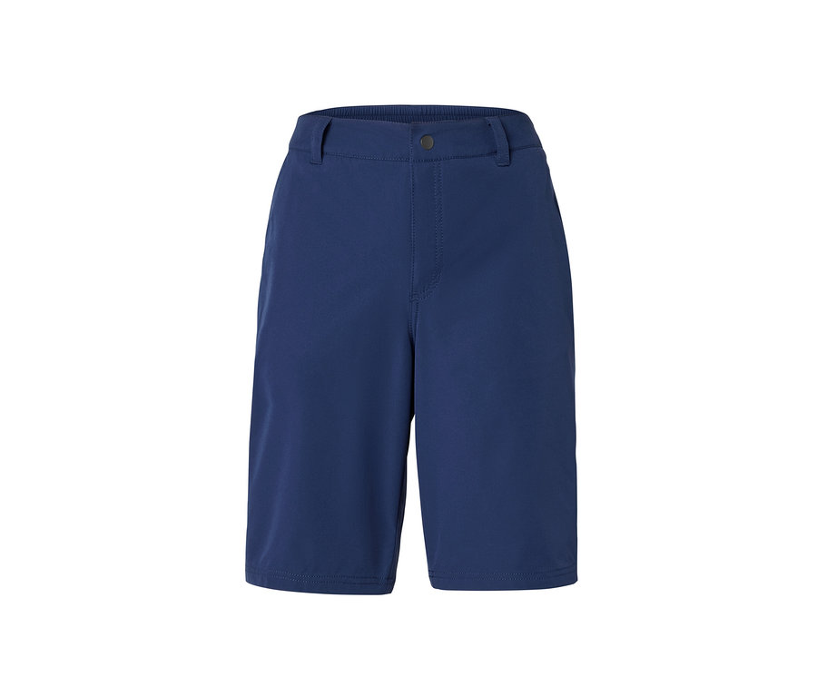 Blaue Softshell-Funktionsshorts vor weißem Hintergrund.