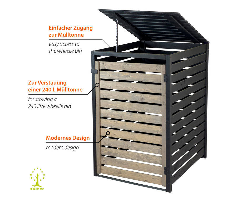 Anthrazitfarbene Mülltonnenverkleidung, 240 l, mit offenem Deckel.