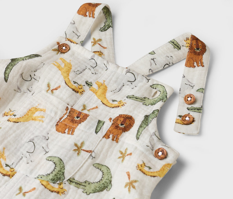 Nahaufnahme eines weißen Kinderoveralls mit einem Muster aus Krokodilen, Löwen, Elefanten und Giraffen.