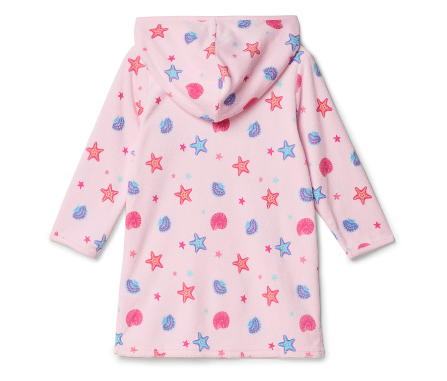 Rosa Bademantel mit Kapuze, bedruckt mit Seesternen und Muscheln.