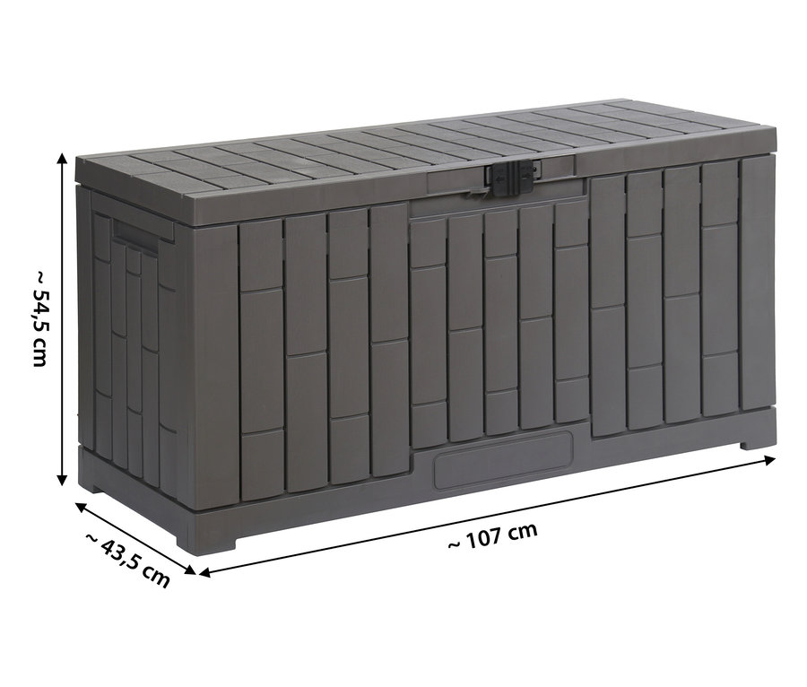Eine graue Kunststoff-Kissenbox mit den Maßen 54,5 cm Höhe, 43,5 cm Tiefe und 107 cm Länge.