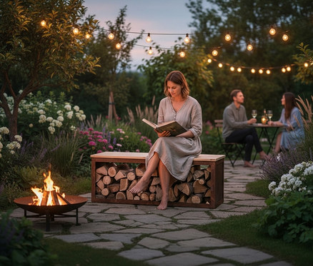 Eine Frau sitzt barfuß auf einer Bank inkl. Holzlager »TYR«, 117 cm und liest ein Buch. Im Hintergrund sitzen zwei Personen an einem Tisch.