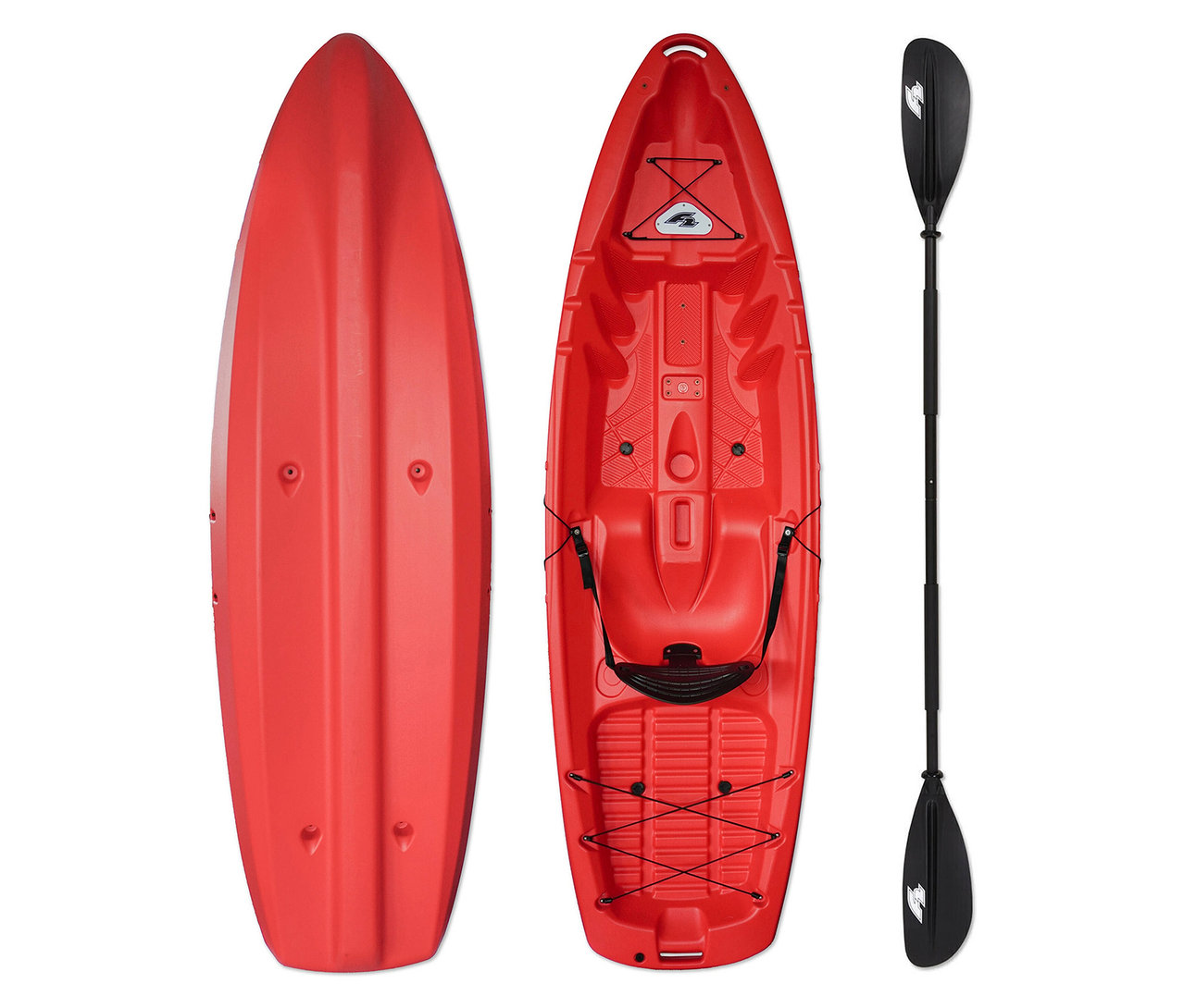 Draufsicht des roten F2 Hartschalen-Kajaks »Axxis«, 1-Sitzer, mit Paddel, einmal von unten und einmal von oben.