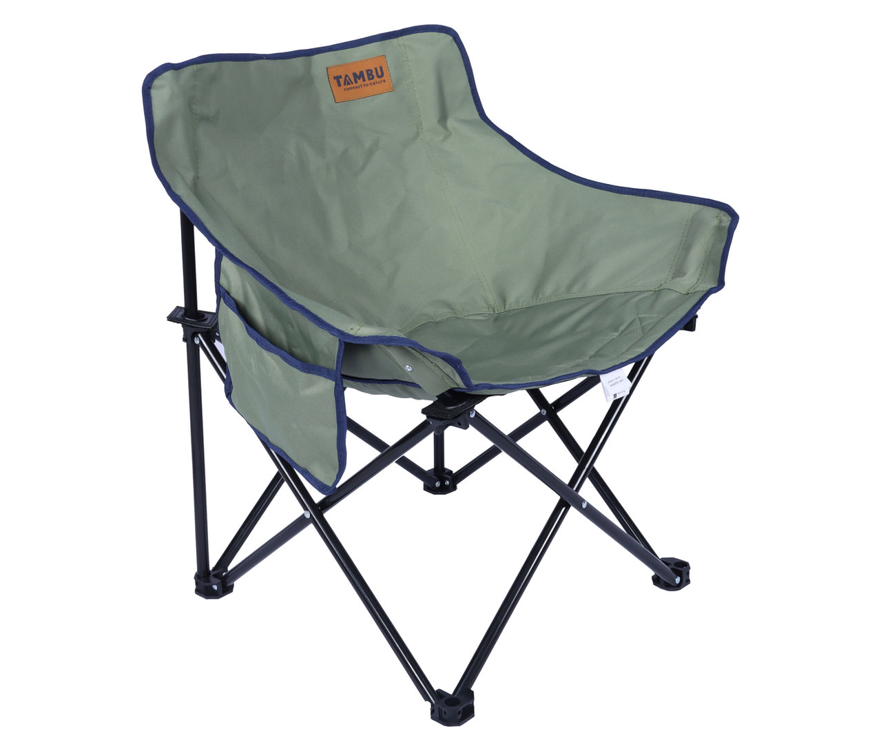 Der Tambu Campingstuhl »LAJA« ist olivgrün mit marineblauen Akzenten und einem schwarzen Gestell.