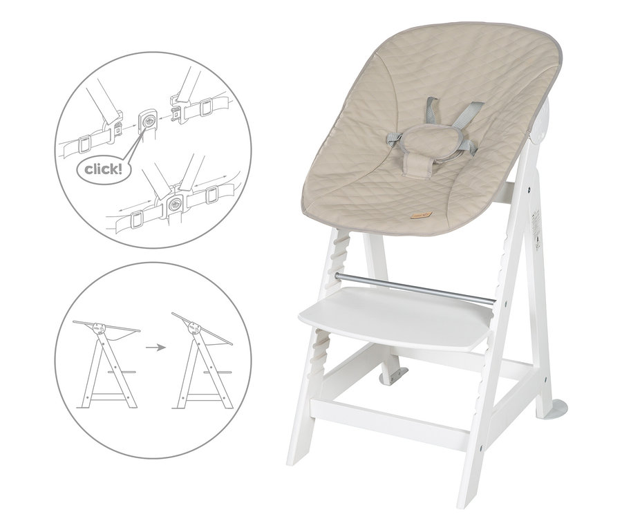 Ein weißer Kinderhochstuhl mit einem beige Sitzpolster ist zu sehen. Illustrationen zeigen, wie man den Stuhl zusammenklappt und die Gurte befestigt.