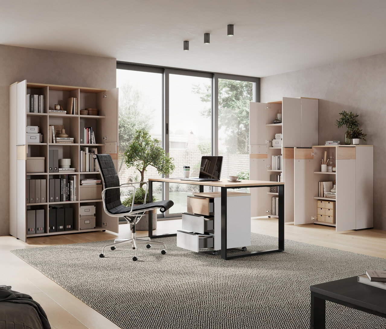 Büro mit Schreibtisch, Stuhl, Bücherregal und Rollcontainer »Oviedo«.