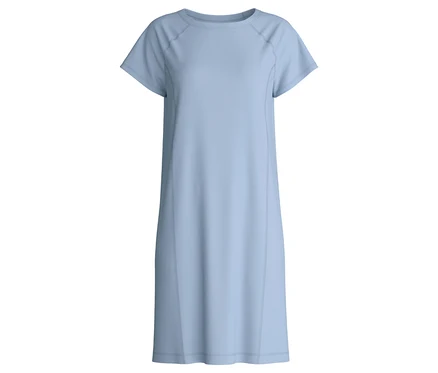 Hellblaues, knielanges Kleid mit kurzen Ärmeln vor weißem Hintergrund.