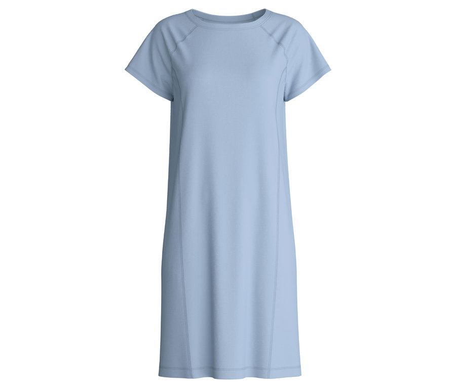Hellblaues, knielanges Kleid mit kurzen Ärmeln vor weißem Hintergrund.