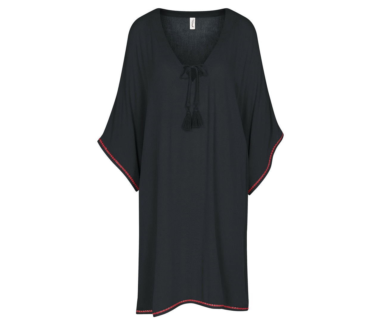Schwarzes Kleid mit V-Ausschnitt und roten Ziernähten an Ärmeln und Saum.