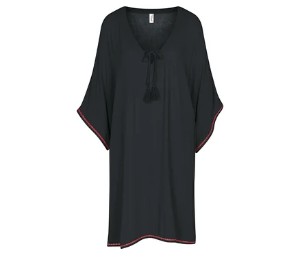 Schwarzes Kleid mit V-Ausschnitt und roten Ziernähten an Ärmeln und Saum.
