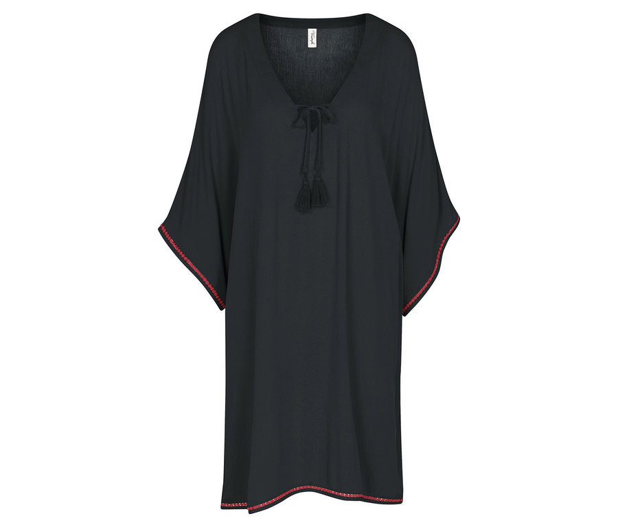 Schwarzes Kleid mit V-Ausschnitt und roten Ziernähten an Ärmeln und Saum.