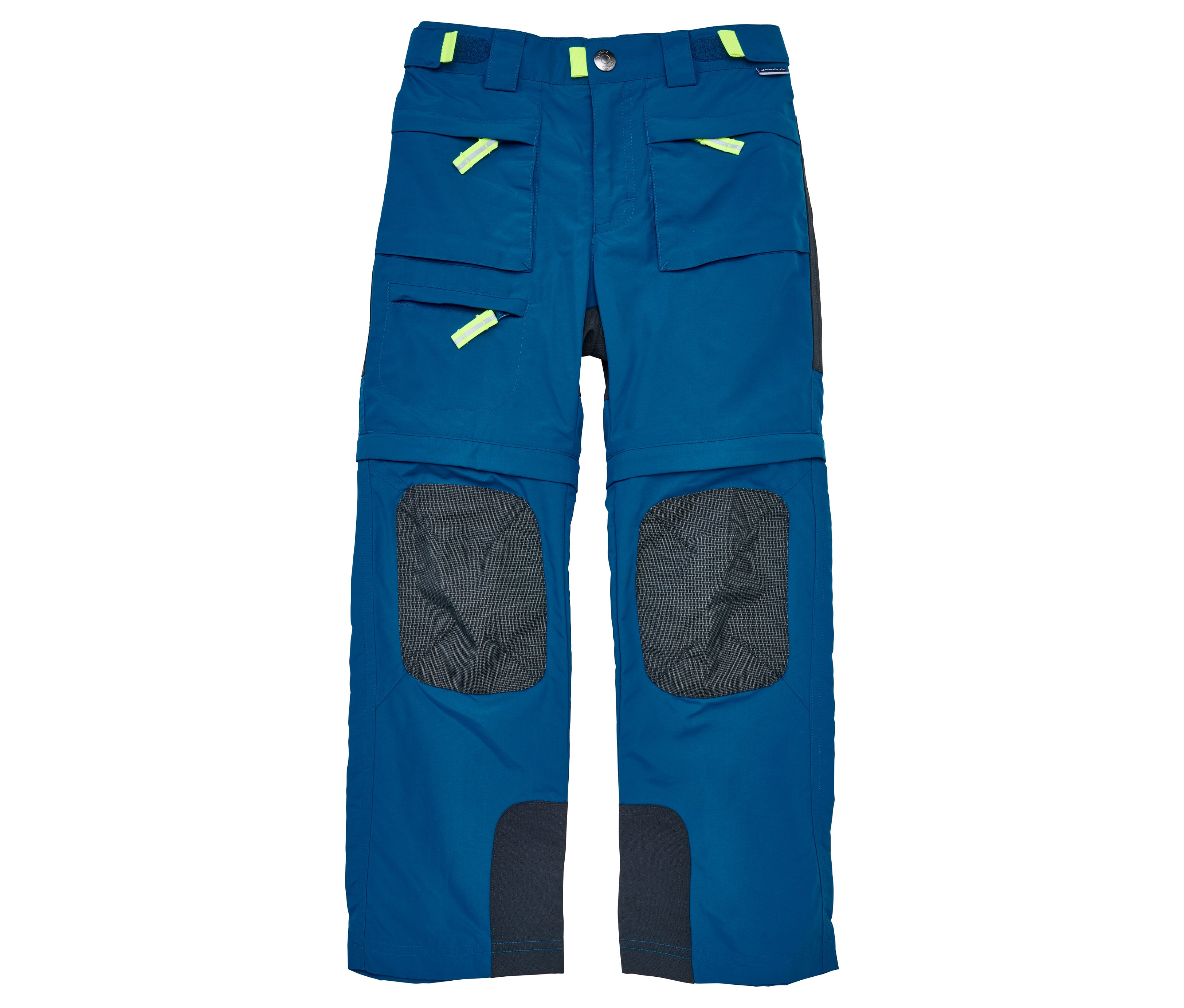 Die JAKO-O Zipp-off-Hose in Petrol ist eine lange, blaue Hose mit Taschen und neongelben Akzenten.