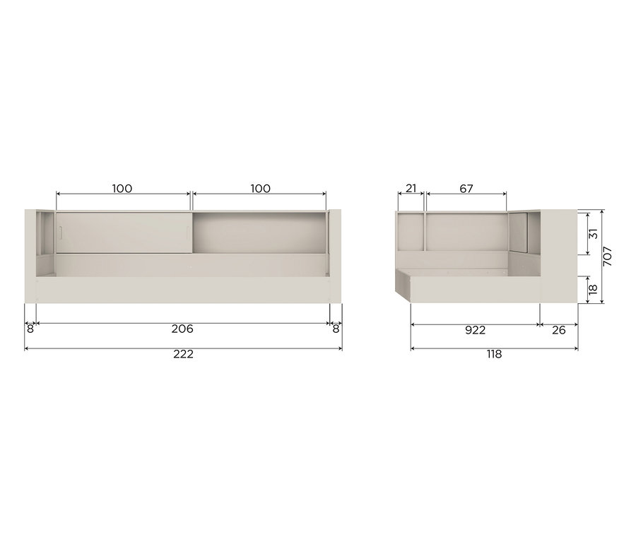 Zwei Ansichten eines beigen Sofas mit Maßen.
