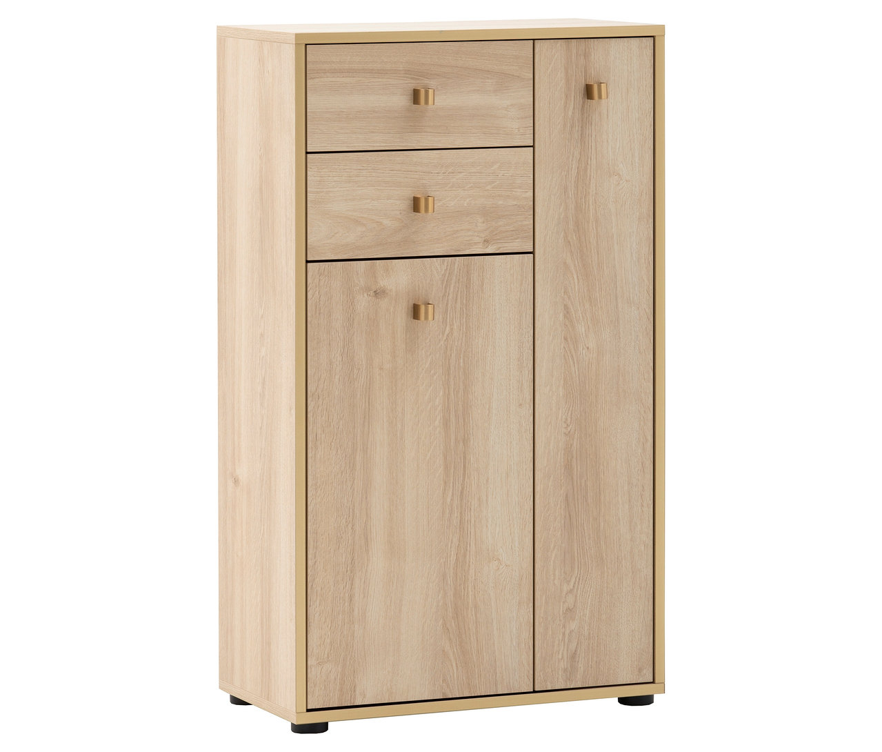 Das Highboard »Flora« in heller Holzoptik mit zwei Schubladen und zwei Türen steht auf einem weißen Hintergrund.